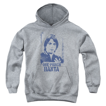 Athletic heather youth hoodie for ages 8 to 12 with Taxi One Punch Banta graphic