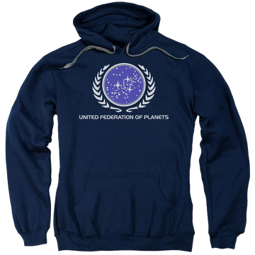 Navy pullover hoodie with Star Trek United Federation Logo graphic