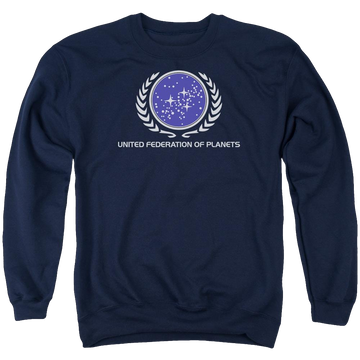 Navy men's crewneck sweatshirt with Star Trek United Federation Logo graphic