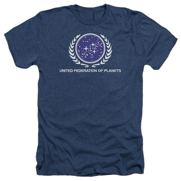 Navy men's heather t-shirt with Star Trek United Federation Logo graphic