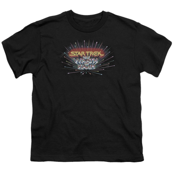 Black youth t-shirt for ages 8 to 12 with Star Trek Movies Khan Logo graphic