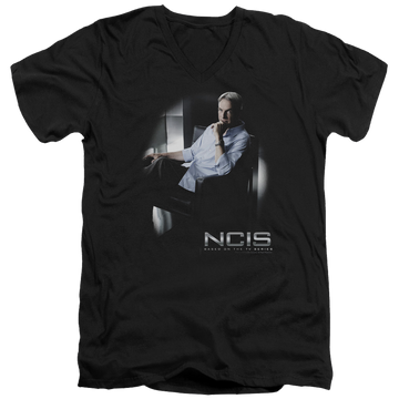 Black men's v-neck t-shirt with NCIS Gibbs Ponders graphic