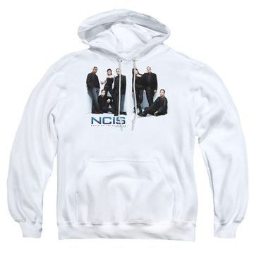 White pullover hoodie with NCIS White Room graphic