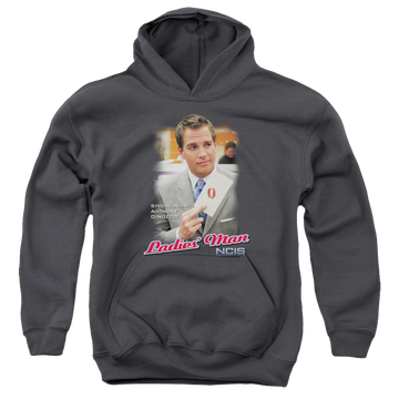 Charcoal youth hoodie for ages 8 to 12 with NCIS Ladies Man graphic