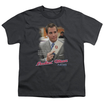 Charcoal youth t-shirt for ages 8 to 12 with NCIS Ladies Man graphic