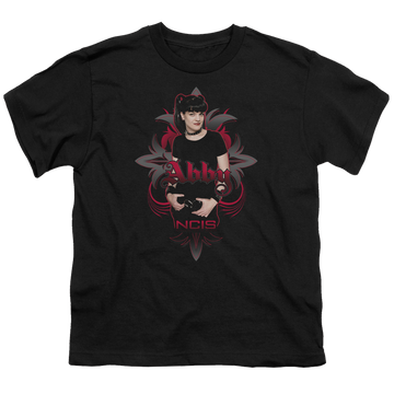 Black youth t-shirt for ages 8 to 12 with NCIS Abby Gothic graphic