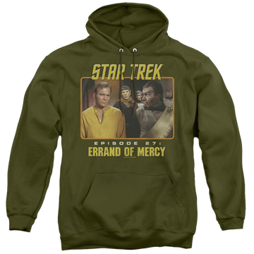 Military green pullover hoodie with Star Trek The Original Series Episode 27 graphic