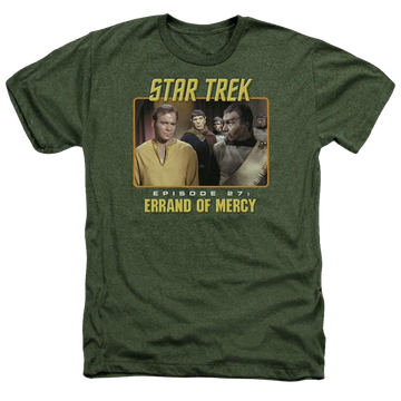 Military green men's heather t-shirt with Star Trek Episode 27 graphic