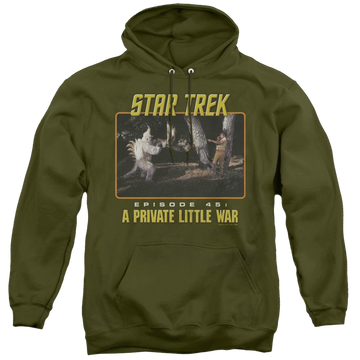 Military green pullover hoodie with Star Trek The Original Series Episode 45 graphic