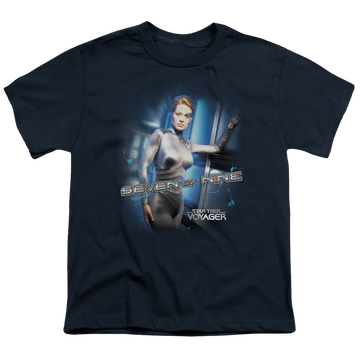 Navy youth t-shirt for ages 8 to 12 with Star Trek Voyager Seven Of Nine graphic