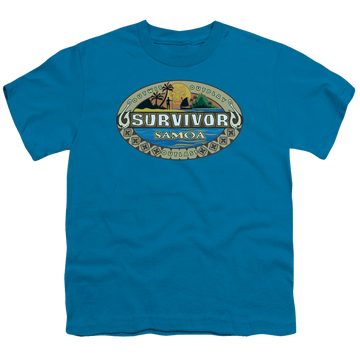 Black youth t-shirt for ages 8 to 12 with Survivor Samoa Logo graphic