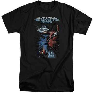 Black men's tall fit t-shirt with Star Trek Search For Spock(movie) graphic