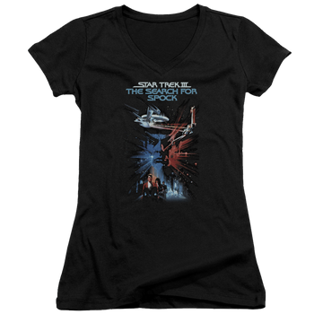 Black juniors v-neck t-shirt with Star Trek Search For Spock(movie) graphic