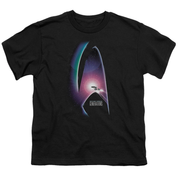 Black youth t-shirt for ages 8 to 12 with Star Trek Movies Generations(Movie) graphic