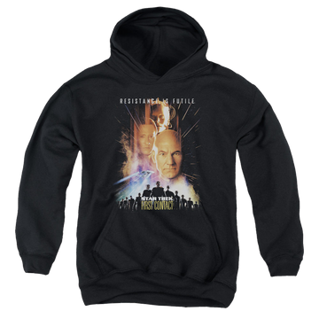 Black youth hoodie for ages 8 to 12 with Star Trek Movies First Contact(Movie) graphic