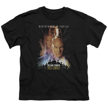 Black youth t-shirt for ages 8 to 12 with Star Trek Movies First Contact(Movie) graphic