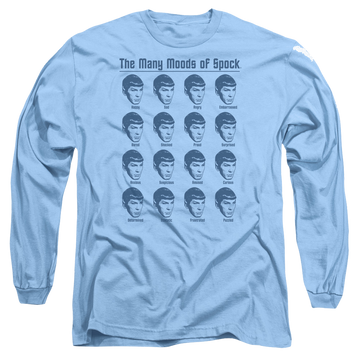 Carolina blue men's long sleeve t-shirt with Star Trek Many Moods Of Spock graphic