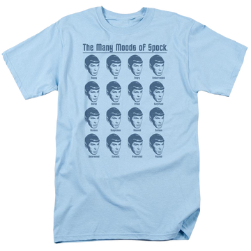 Carolina blue men's regular fit t-shirt with Star Trek The Original Series Many Moods Of Spock graphic