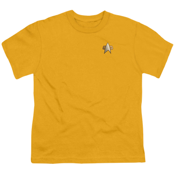 Gold youth t-shirt for ages 8 to 12 with Star Trek Deep Space Nine Ds9 Engineering Emblem graphic