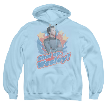 Light blue pullover hoodie with Star Trek The Next Generation Shut Up Wesley graphic