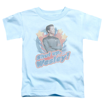 Light blue toddler t-shirt with Star Trek Shut Up Wesley graphic