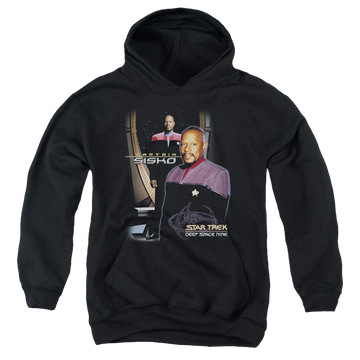 Black youth hoodie for ages 8 to 12 with Star Trek Deep Space Nine Captain Sisko graphic