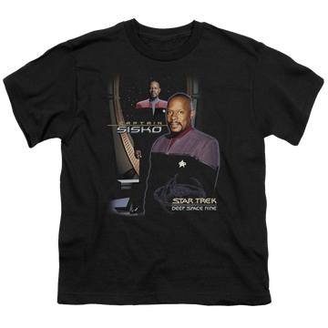 Black youth t-shirt for ages 8 to 12 with Star Trek Deep Space Nine Captain Sisko graphic