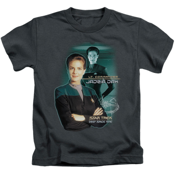 Charcoal kid's t-shirt for ages 4 to 7 with Star Trek Deep Space Nine Jadzia Dax graphic