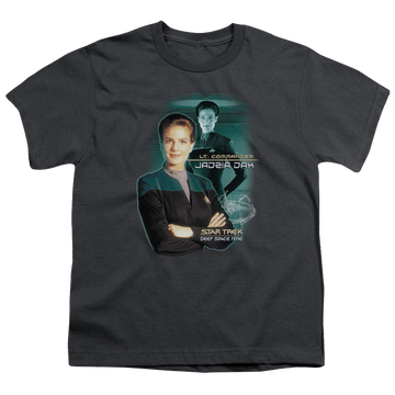 Charcoal youth t-shirt for ages 8 to 12 with Star Trek Deep Space Nine Jadzia Dax graphic