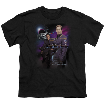 Black youth t-shirt for ages 8 to 12 with Star Trek Enterprise Captain Archer graphic