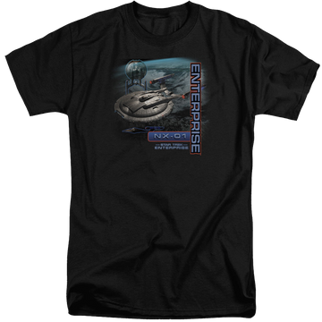 Black men's tall fit t-shirt with Star Trek Enterprise Nx 01 graphic