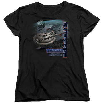 Black women's t-shirt with Star Trek Enterprise Nx 01 graphic