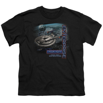 Black youth t-shirt for ages 8 to 12 with Star Trek Enterprise Nx 01 graphic
