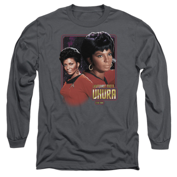 Charcoal men's long sleeve t-shirt with Star Trek Lieutenant Uhura graphic