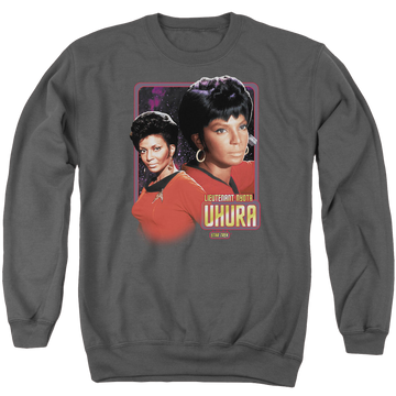 Charcoal men's crewneck sweatshirt with Star Trek Lieutenant Uhura graphic