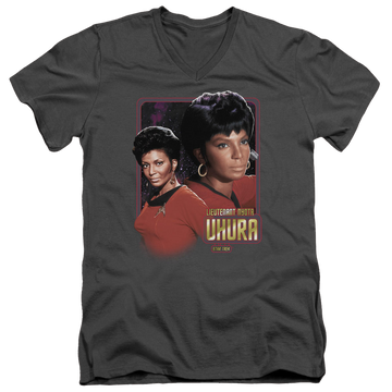 Charcoal men's v-neck t-shirt with Star Trek Lieutenant Uhura graphic