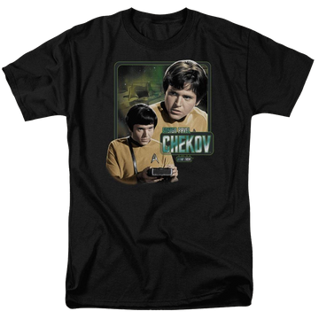 Black men's regular fit t-shirt with Star Trek The Original Series Ensign Chekov graphic