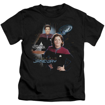 Black kid's t-shirt for ages 4 to 7 with Star Trek Voyager Captain Janeway graphic