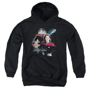 Black youth hoodie for ages 8 to 12 with Star Trek Voyager Captain Janeway graphic