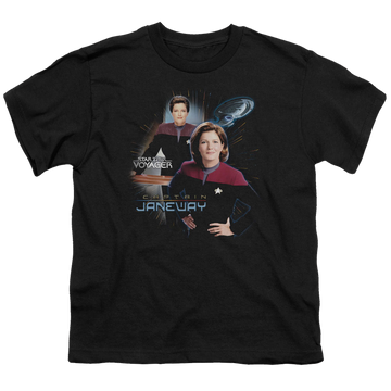 Black youth t-shirt for ages 8 to 12 with Star Trek Voyager Captain Janeway graphic