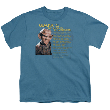 Slate youth t-shirt for ages 8 to 12 with Star Trek Deep Space Nine Quarks Rules graphic