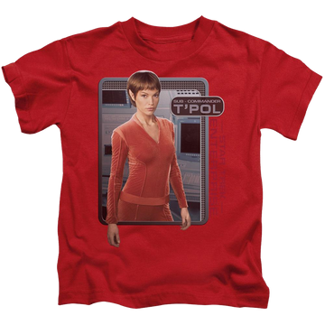 Red kid's t-shirt for ages 4 to 7 with Star Trek Enterprise Tpol graphic