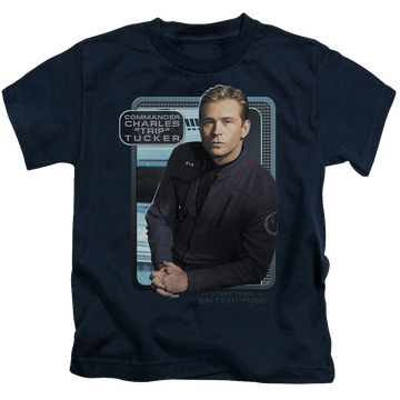 Navy kid's t-shirt for ages 4 to 7 with Star Trek Enterprise Trip Tucker graphic