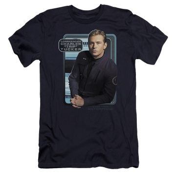 Navy men's premium slim fit t-shirt with Star Trek Enterprise Trip Tucker graphic
