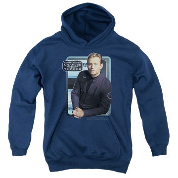 Navy youth hoodie for ages 8 to 12 with Star Trek Enterprise Trip Tucker graphic