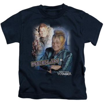Navy kid's t-shirt for ages 4 to 7 with Star Trek Voyager Neelix graphic