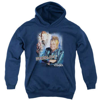 Navy youth hoodie for ages 8 to 12 with Star Trek Voyager Neelix graphic