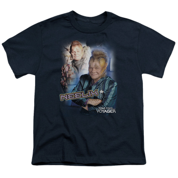 Navy youth t-shirt for ages 8 to 12 with Star Trek Voyager Neelix graphic