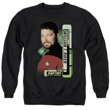 Black men's crewneck sweatshirt with Star Trek Riker graphic