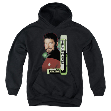 Black youth hoodie for ages 8 to 12 with Star Trek The Next Generation Riker graphic